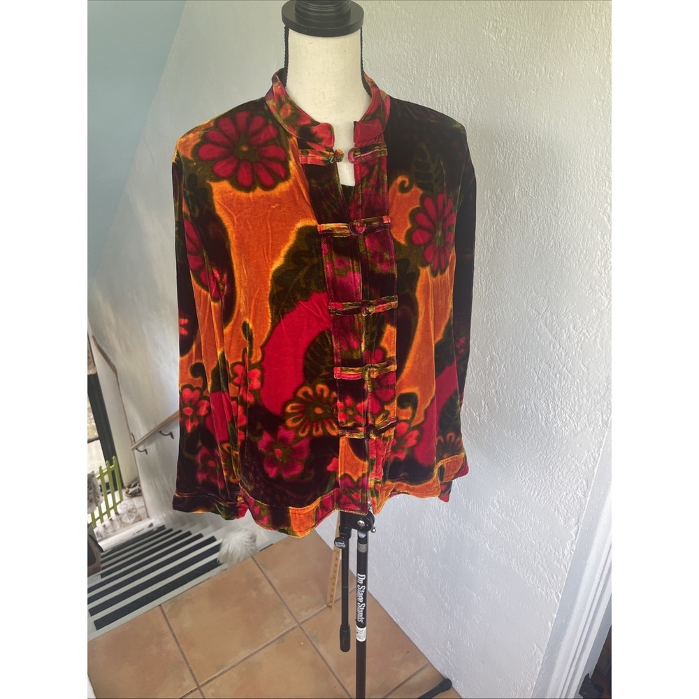 Chico's Design Jacket Womens 2 Red Silk Velvet Mandarin Frog Toggle Floral Boho